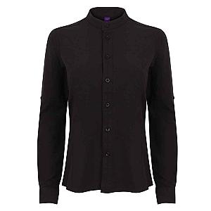 Henbury Ladies Mandarin Roll Sleeve Anti-Bac Wicking Shirt - Black