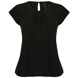 Henbury Ladies Pleat Front Short Sleeve Blouse - Black