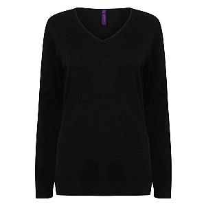 Henbury Ladies Lightweight Cotton Acrylic V Neck Sweater - Black