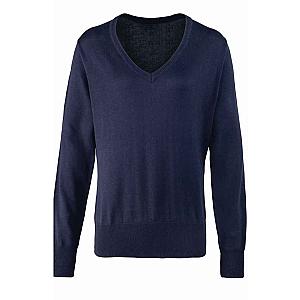 Premier Ladies Knitted Cotton Acrylic V Neck Sweater - Navy
