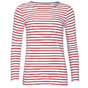 SOL'S Ladies Marine Long Sleeve Striped T-Shirt - White/Red