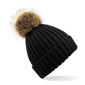 Beechfield Faux Fur Pop Pom Chunky Beanie - Black
