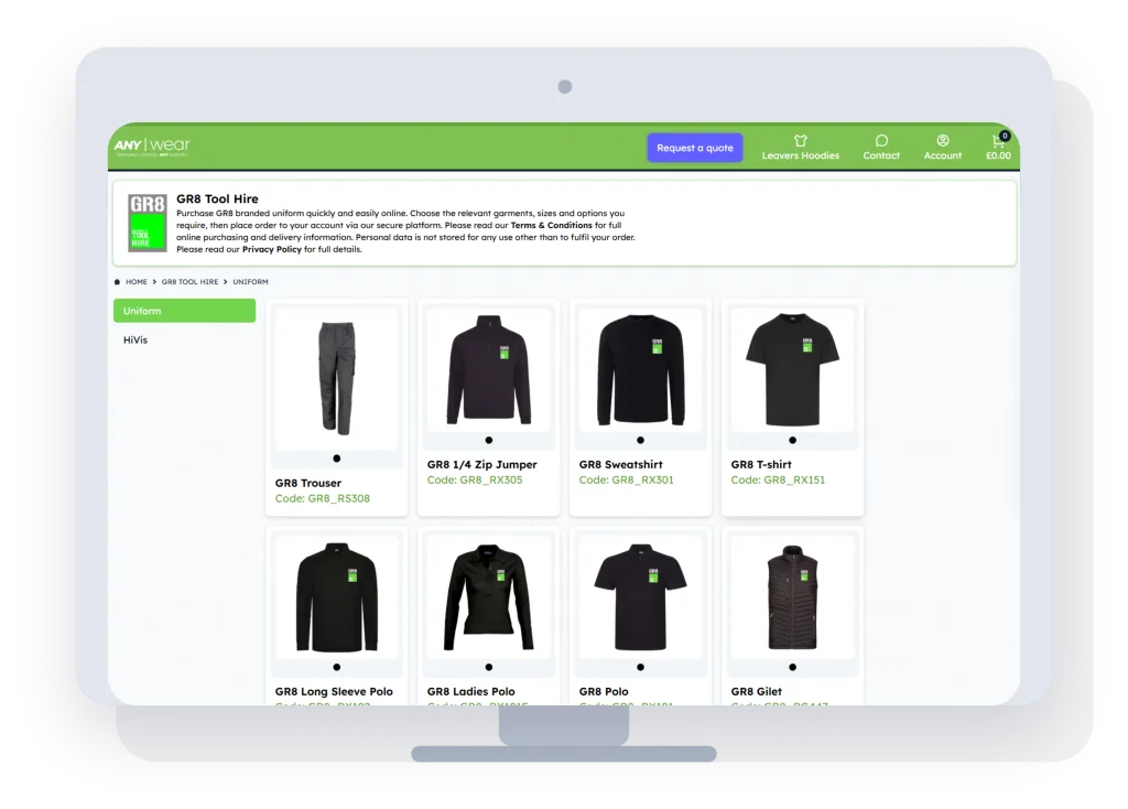 The AnyWear ordering portal on a tablet showing a company's uniform range: trousers, sweatshirts, fleeces, hi-vis, gilets and headwear