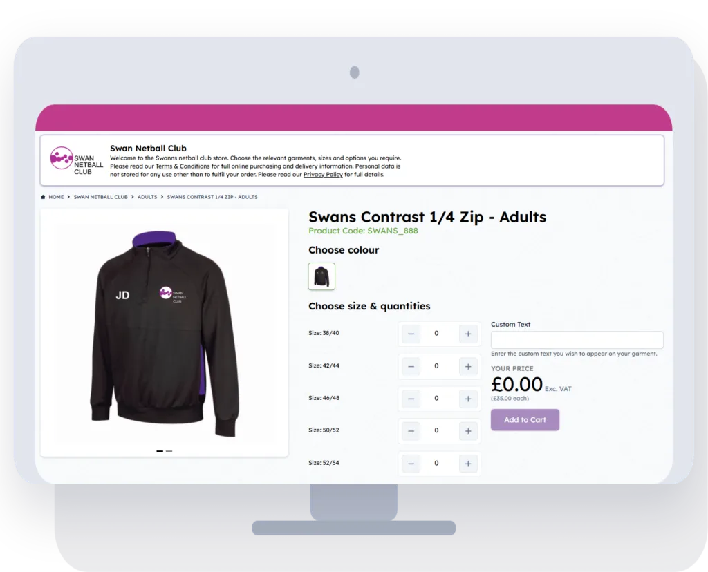 A branded club shop on a desktop monitor showing a netball club quarter-zip with size and quantity options