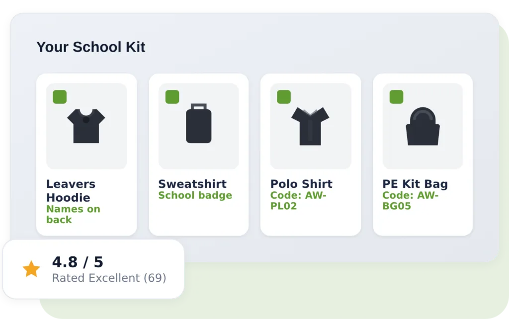 Your school kit: leavers hoodie with names on the back, sweatshirt with school badge, polo shirt and PE kit bag, rated 4.8 out of 5
