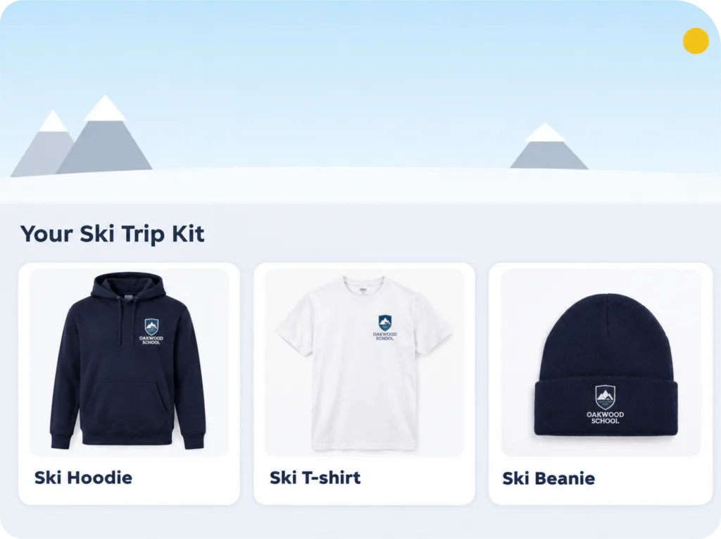 Your ski trip kit: embroidered ski hoodie, ski t-shirt and ski beanie carrying the school badge