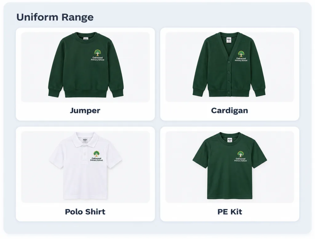 Uniform range with an embroidered school badge: jumper, cardigan, polo shirt and PE kit